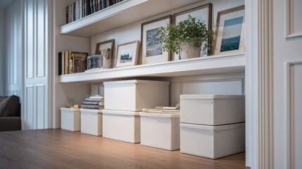 Fototapeta premium Elegant shelving unit with storage boxes, showcasing a tidy and organized space