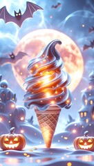 Spooky ghost character ice cream sundae for a Halloween treat. Cute Halloween Ice Cream Cone with Spooky Theme and Bats