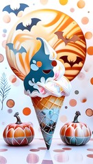 Spooky ghost character ice cream sundae for a Halloween treat. Whimsical Halloween Ice Cream Cone with Pumpkins and Bats Illustration