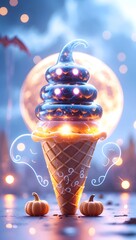 Spooky ghost character ice cream sundae for a Halloween treat. Spooky Halloween Ghostly Ice Cream with Pumpkin Decorations