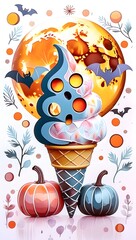 Spooky ghost character ice cream sundae for a Halloween treat. Whimsical Halloween Ice Cream Creature with Bats and Pumpkins
