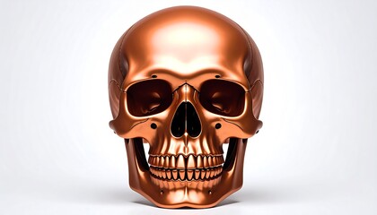 Metallic Anatomy: A Rose Gold Skull Sculpture on a Pristine White Backdrop Display