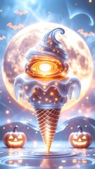 Spooky ghost character ice cream sundae for a Halloween treat. Cute Cartoon Ghost Ice Cream Cone with Halloween Elements and Pumpkin