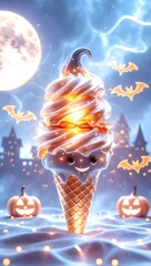 Spooky ghost character ice cream sundae for a Halloween treat. Whimsical Cute Ghost Ice Cream Cone in Spooky Halloween Setting