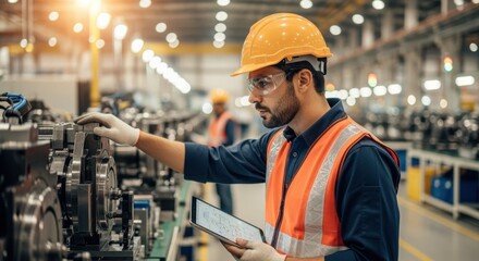 Engineer in protective clothing conducting quality control in assembly facility