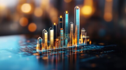 Futuristic digital cityscape with glowing skyscrapers, holographic buildings and vibrant lighting effects