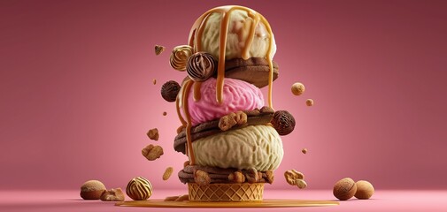 multiple ice cream scoops in various colors and flavors stacked in a waffle cone, with sprinkles falling around it, creating a sense of fun and abundance.