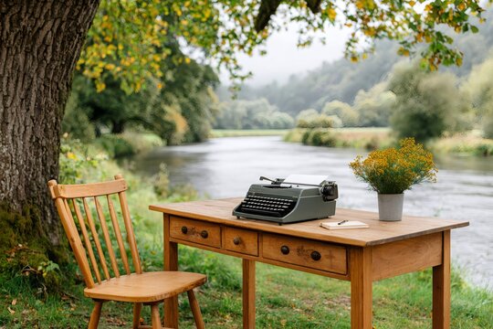 Writer creating new novel outdoors by the river, using vintage typewriter