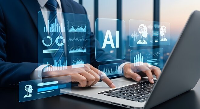 Professional using AI-powered analytics on laptop for data driven insights and smarter decisions in modern office environment with digital display