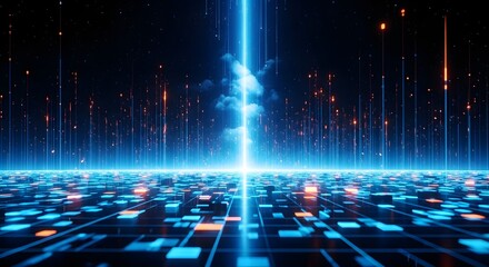 Stunning digital landscape with vibrant neon lights and futuristic grid, perfect for tech backgrounds or innovative designs with a modern edge