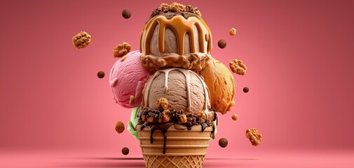 multiple ice cream scoops in various colors and flavors stacked in a waffle cone, with sprinkles falling around it, creating a sense of fun and abundance.