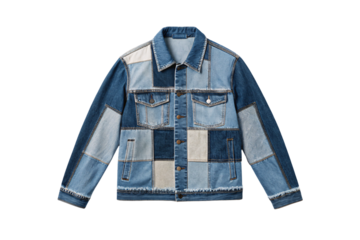 Multi-textured patchwork denim jacket with various fabric panels including corduroy and leather accents, isolated on a transparent background