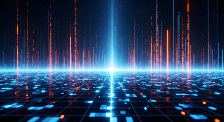 Immersive digital landscape with vibrant data streams and futuristic grid, ideal for cutting-edge technology and innovative business solutions