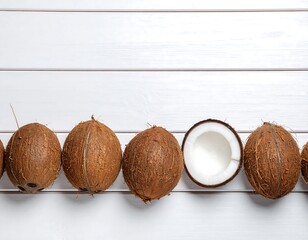Minimalist composition of fresh whole and halved coconuts on clean white planks