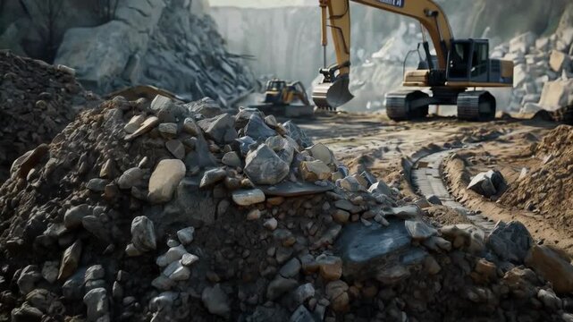 Industrial site with a pile of rocks in the foreground and construction equipment in the distance working in a quarry. Applicable in the context of construction and mining.
