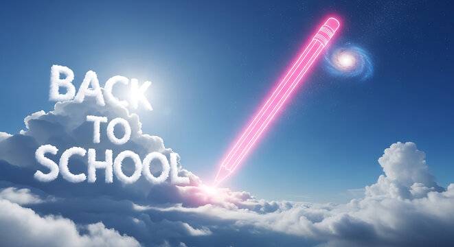 Back to school sky with cloud text and neon pencil ai generated