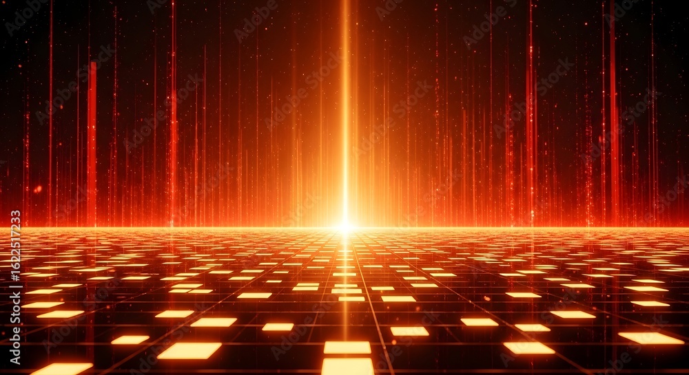 Aufkleber abstract digital cyberspace background with a glowing orange data matrix grid and a powerful light e