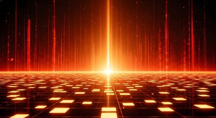 Abstract digital cyberspace background with a glowing orange data matrix grid and a powerful light energy burst on the horizon