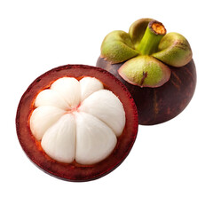 Whole and halved mangosteen fruit with white flesh