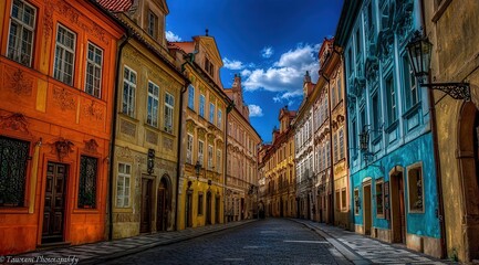 Naklejka premium Colorful Prague Street Scene with Vibrant Buildings