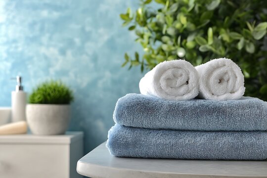 Stack of clean towels and brush on table in bathroom, closeup