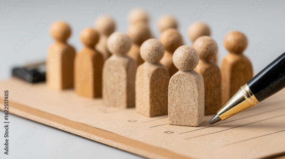 Poster pen and wooden figures placed on a table representing the analysis and documentation of social impac