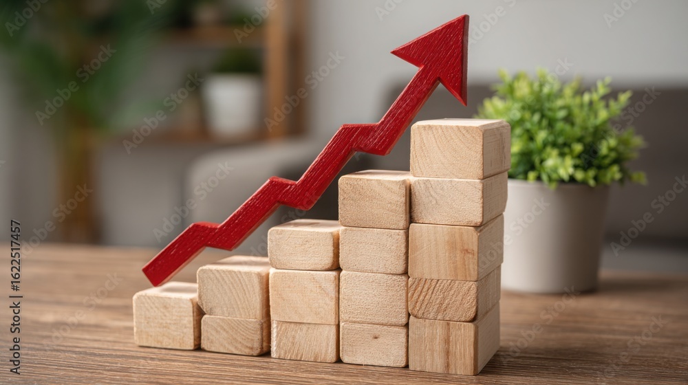 Aufkleber wooden block with red arrow indicating strategic direction in social impact forecasting and predicti