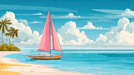 Fototapeta premium A sailboat floats peacefully on a tropical beach.