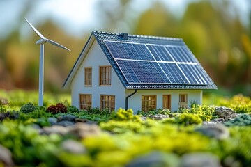 Close-up of a house model showcasing solar panels and a wind turbine during a school lesson, illustrating the importance of renewable energy sources, Generative AI