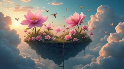 floating island fantasy: pink flowers, hummingbirds, and butterflies in the sky