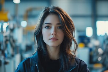 Female manager standing confidently in a modern industrial factory, overseeing manufacturing processes with robotics and automation in the background. A strong female leader, Generative AI