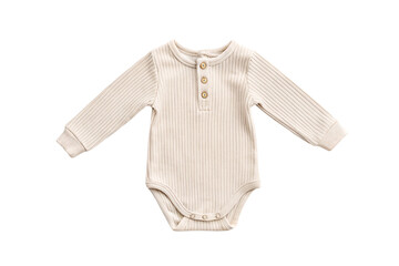Fototapeta premium Cream ribbed long-sleeve baby bodysuit with wooden buttons and snap bottom closure, isolated on a transparent background