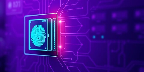 Digital fingerprint secures cryptocurrency server via blockchain, biometric scanner on purple background, information security, digital fingerprint