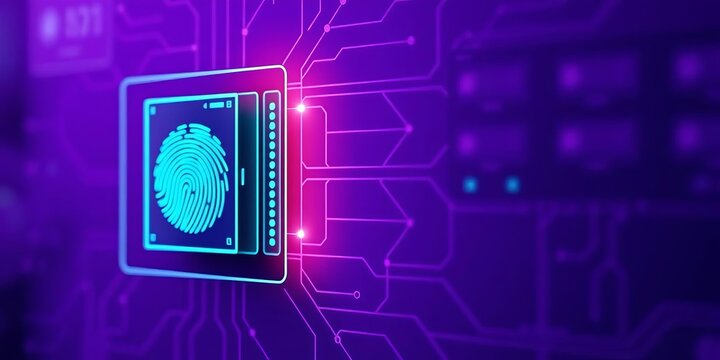 Digital fingerprint secures cryptocurrency server via blockchain, biometric scanner on purple background, information security, digital fingerprint