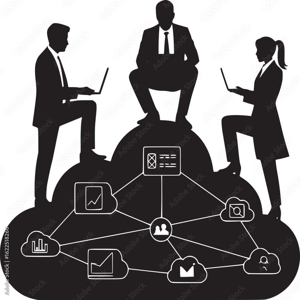 Aufkleber silhouette of business people on a cloud with connected icons representing data and communication ne