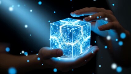 A cube of glowing blue circuitry held in hands with floating light particles - Powered by Adobe