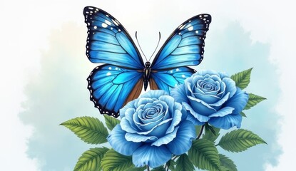 blue butterfly on white flower, detailed watercolor painting of a blue butterfly and two blue roses, beautiful blue roses with a monarch butterfly on a white background