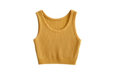 Golden yellow ribbed knit sleeveless crop top with fitted design and ribbed bottom band, isolated on a transparent background