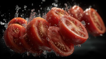 Close up of a tomato slice with water droplets surrounding it. Concept of freshness and vitality, as the tomato is a symbol of health and nutrition. The water droplets add a dynamic