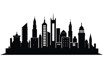 Fototapeta premium Striking Silhouette of Modern Cityscape Skyline Featuring Skyscrapers and Buildings Vector Graphic