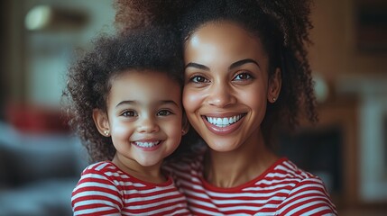 Mother and Daughter with Curly Hair in Red and White Striped Shirts, Smiling in a Cozy Home Setting