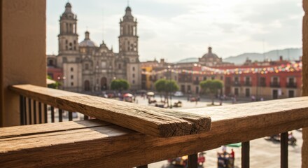 Naklejka premium Balcony view of Puebla's Plaza Mayor with aged cedar railing in foreground