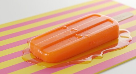 Melted orange popsicle on a striped surface.