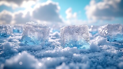 Transparent Ice Cubes on Snow with Blue Sky and Clouds Background