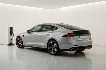 Fototapeta premium Electric Car Plugged into a Charging Station, Rear View