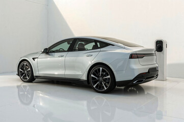 A White Electric Vehicle Charging in a Modern, Bright Room