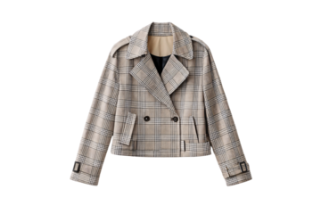 Light plaid cropped blazer jacket with double-breasted button closure and wide lapels, isolated on a transparent background