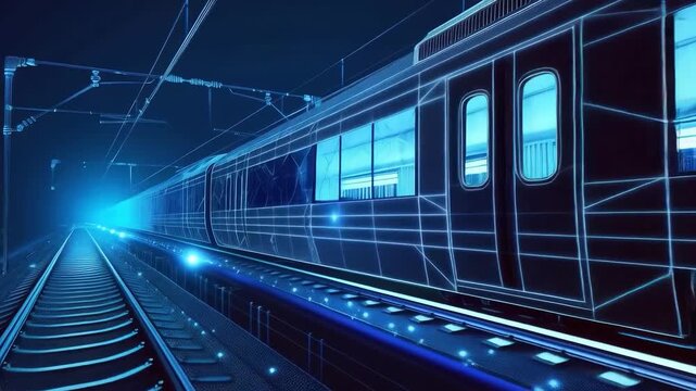 A futuristic train illuminated with neon lights rushes along the tracks. A great addition for projects about the future of transportation and innovation.
