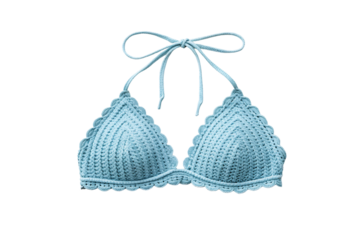 Light blue crocheted triangle bikini top with scalloped edges and halter ties, isolated on a transparent background
