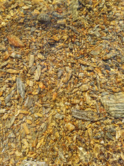 Yellowish rocks shimmer beneath clear water with sunlit ripples. A peaceful natural scene full of texture and glow.